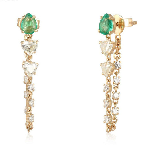 Emerald Trillion Diamond Chain Drop Earrings in 14K Yellow Gold