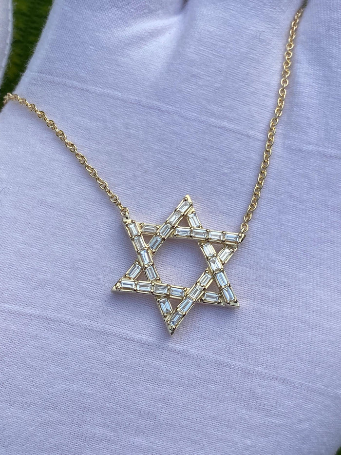Star of David Baguette Diamond Necklace in 14K Yellow Gold