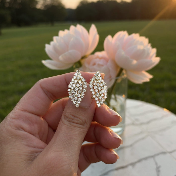 Radiant Cluster Diamond Leaf Earrings in 14K Yellow Gold