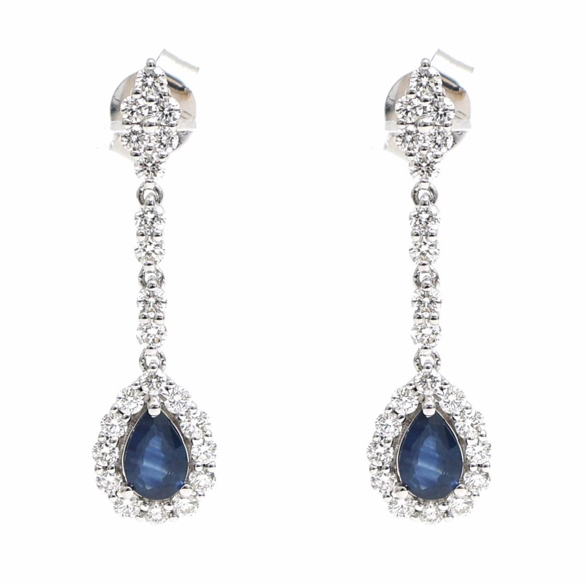 Regal Blue Sapphire Diamond Drop Earrings in 18K White Gold