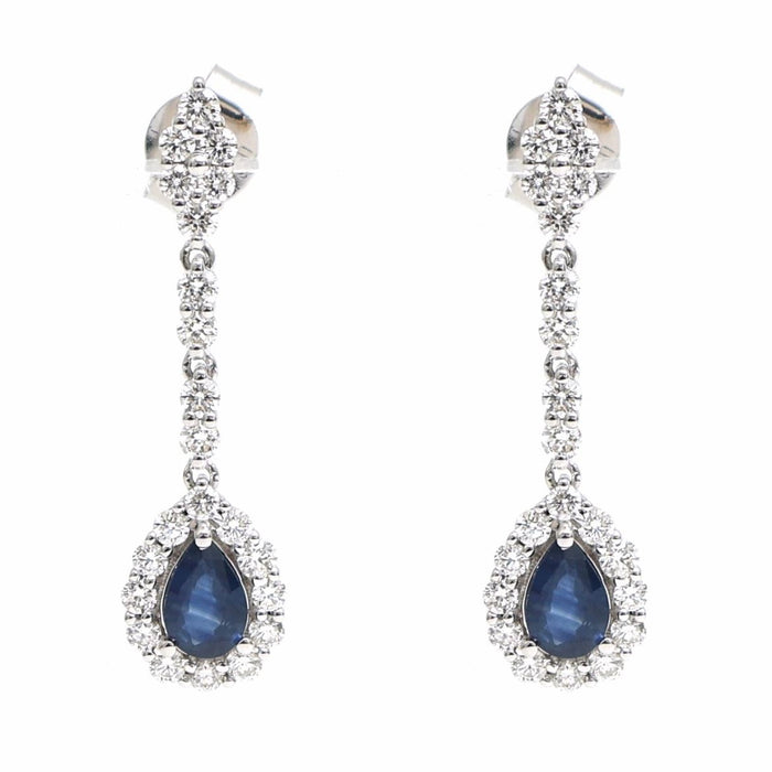 Regal Blue Sapphire Diamond Drop Earrings in 18K White Gold