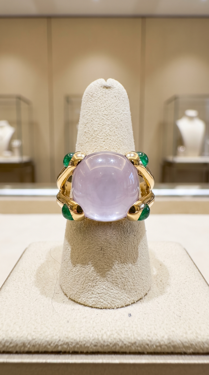 Lavender Chalcedony 14K Emerald Accent Cushion Ring