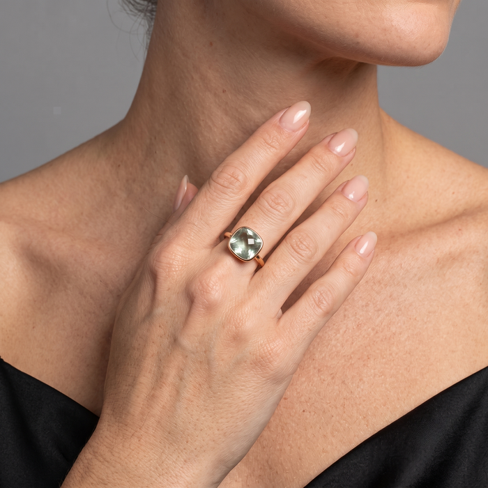 Green Amethyst Cushion Cut 14K Gold Ring