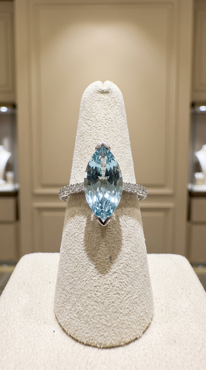 Marquise Aquamarine 14K (18K Custom) Diamond Accent Ring