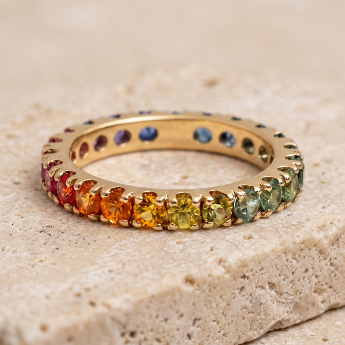 Exquisite Multi-Color Sapphire 14K (18K Custom) Gold Eternity Band Ring