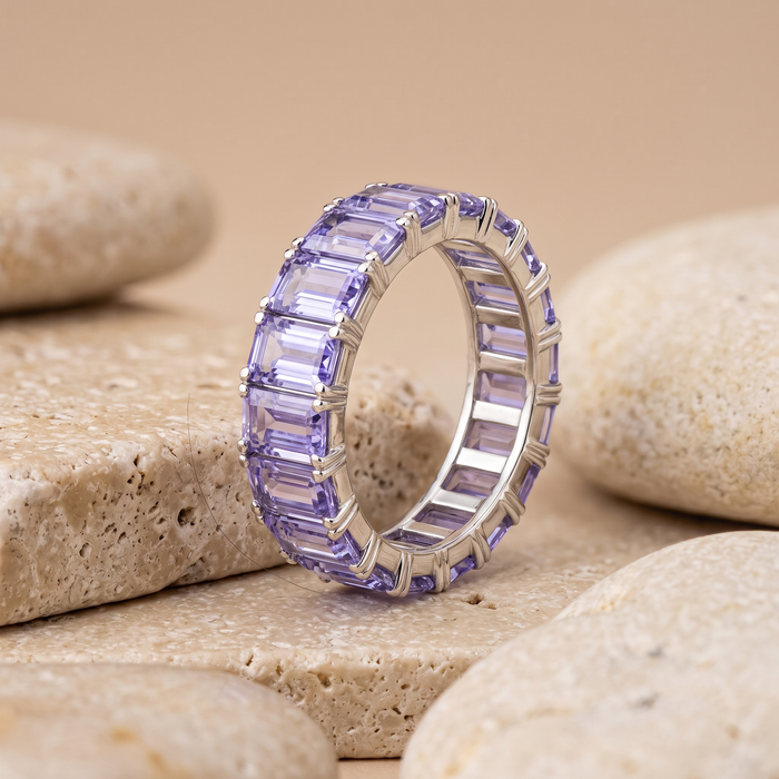 Emerald-Cut Tanzanite 14K White Gold Eternity Band Ring