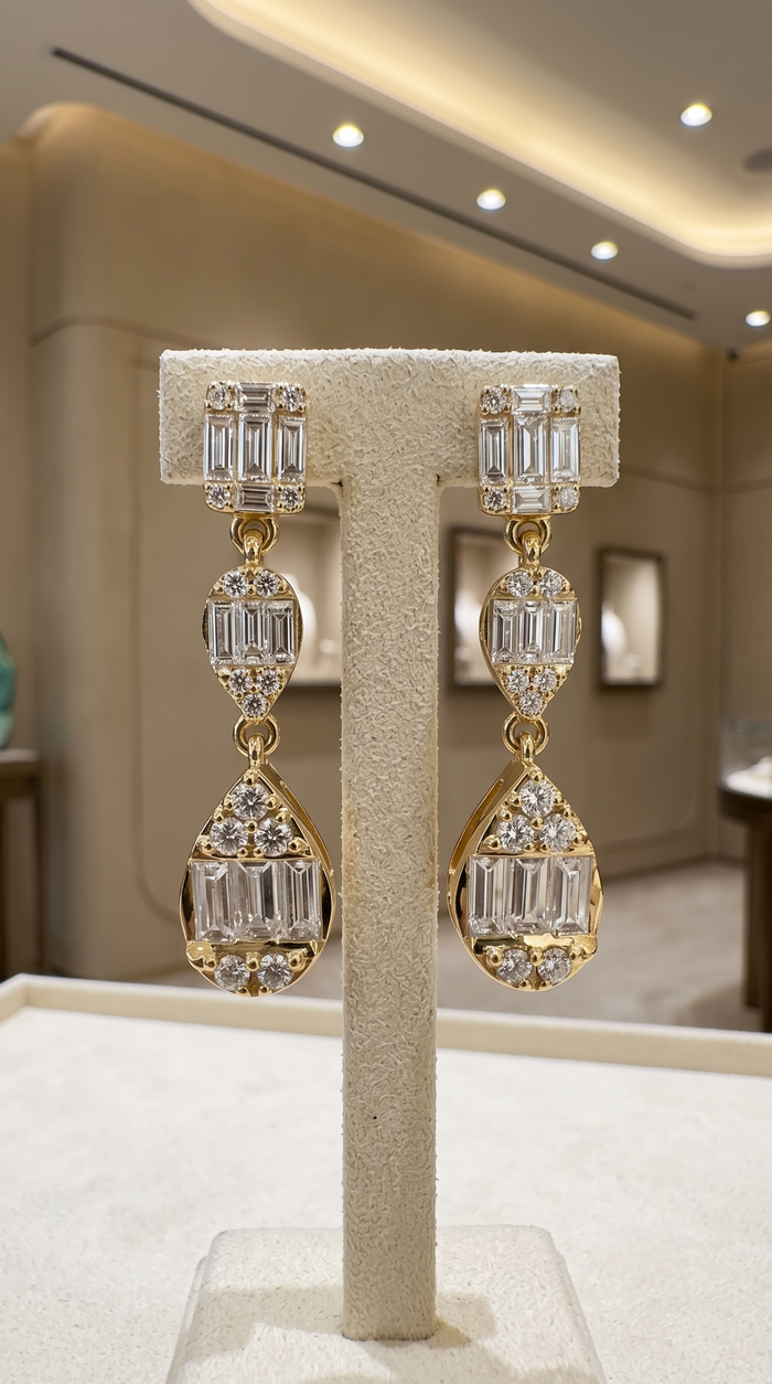 Baguette Round Triple Drop Dangle Earrings in 14K Yellow Gold