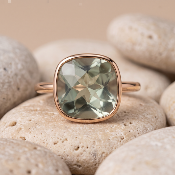 Green Amethyst Cushion Cut 14K Gold Ring