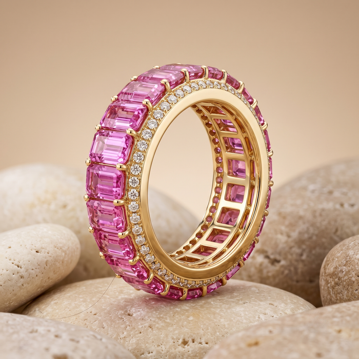 Exquisite Pink Sapphire Diamond 14K Gold Eternity Band Ring
