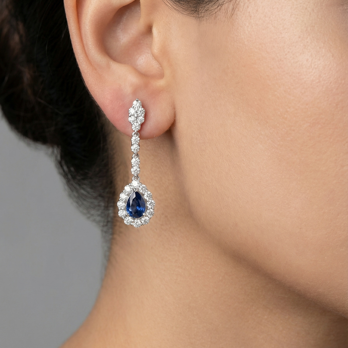 Regal Blue Sapphire Diamond Drop Earrings in 18K White Gold