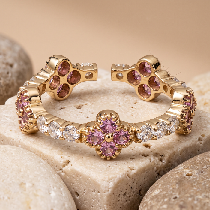 Floral Pink Sapphire & Diamond 14K Gold Ring