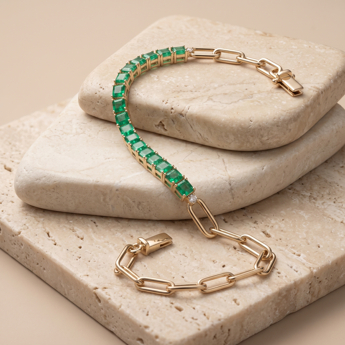 Emerald Link Tennis Chain Bracelet in 14K Yellow Gold