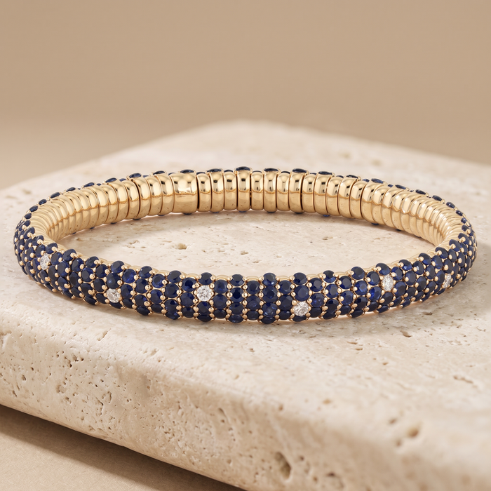Blue Sapphire Diamond Tennis Bracelet in 14K Yellow Gold