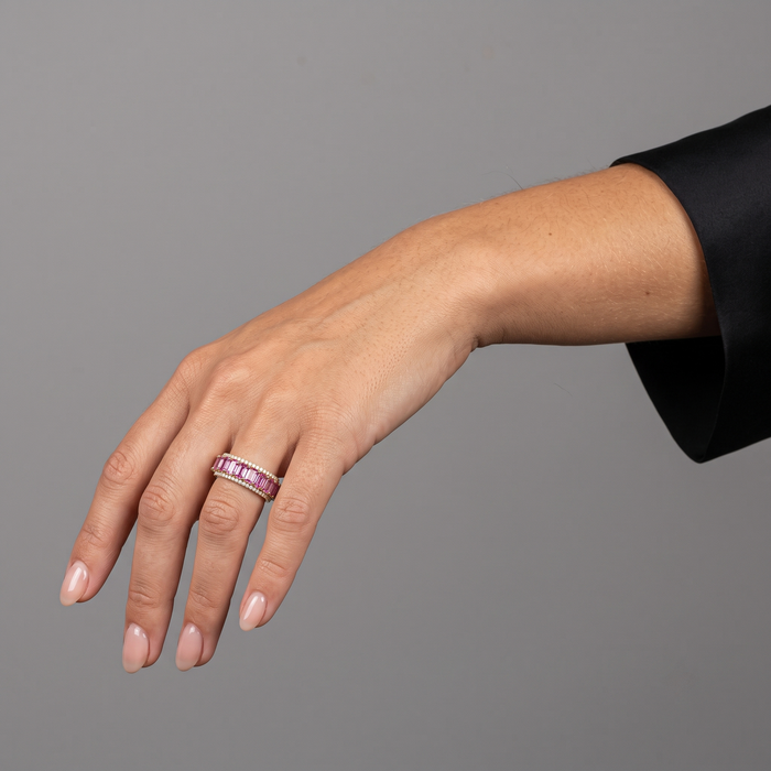 Exquisite Pink Sapphire Diamond 14K Gold Eternity Band Ring