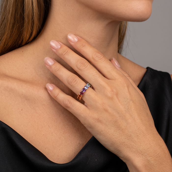 Gleaming Rainbow Sapphire 14K Gold Eternity Ring