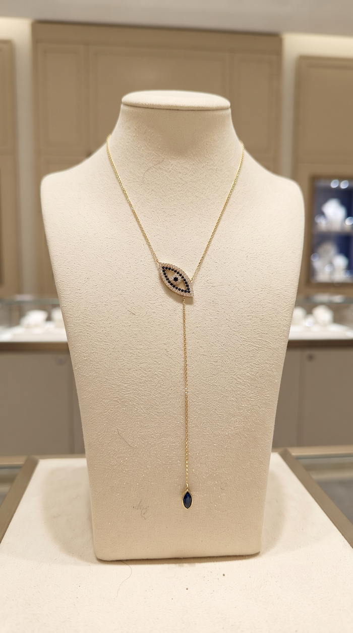 Diamond Eye Shape Lariat Necklace in 14K Yellow Gold