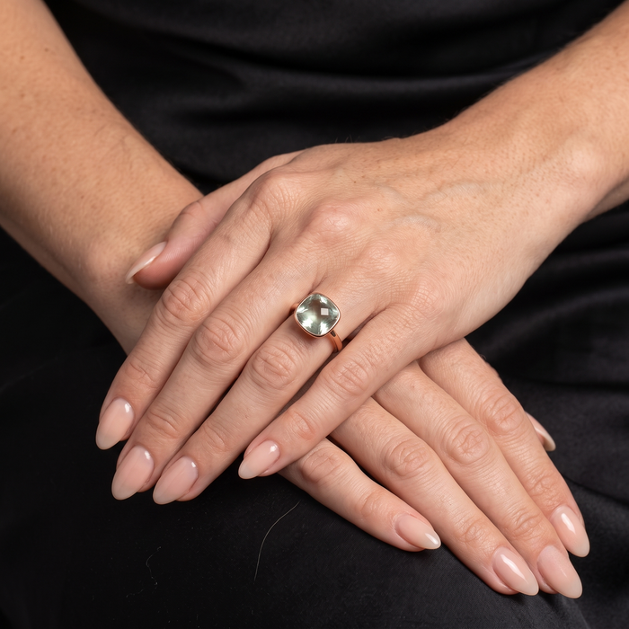 Green Amethyst Cushion Cut 14K Gold Ring