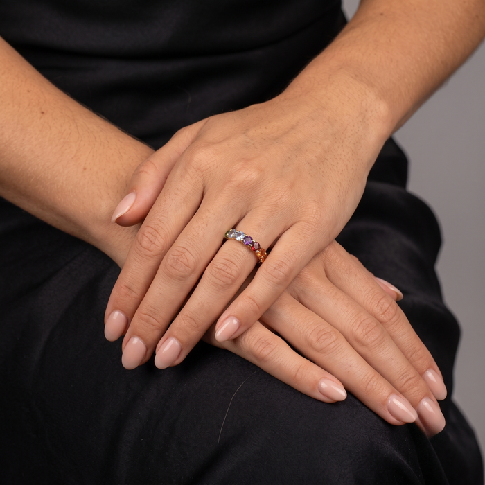 Gleaming Rainbow Sapphire 14K Gold Eternity Ring