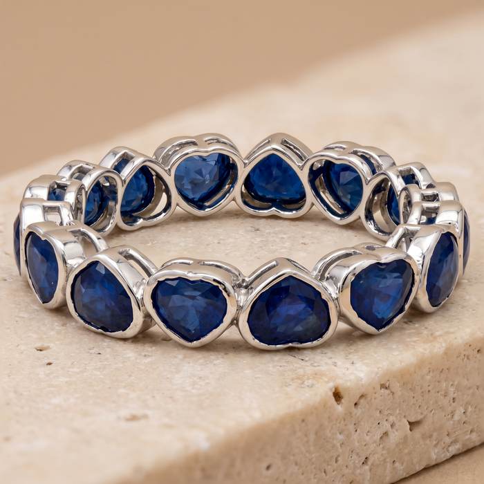 Heart Blue Sapphire 14K White Gold (18K Custom) Bezel Eternity Ring