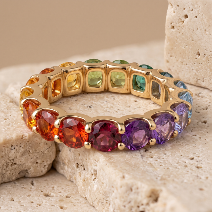 Gleaming Rainbow Sapphire 14K Gold Eternity Ring