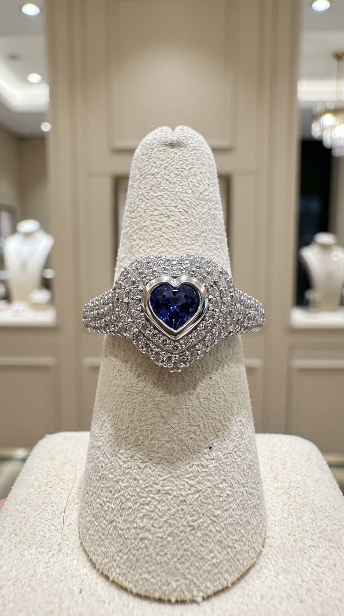 Heart Blue Sapphire Diamond Halo Ring in 14K White Gold