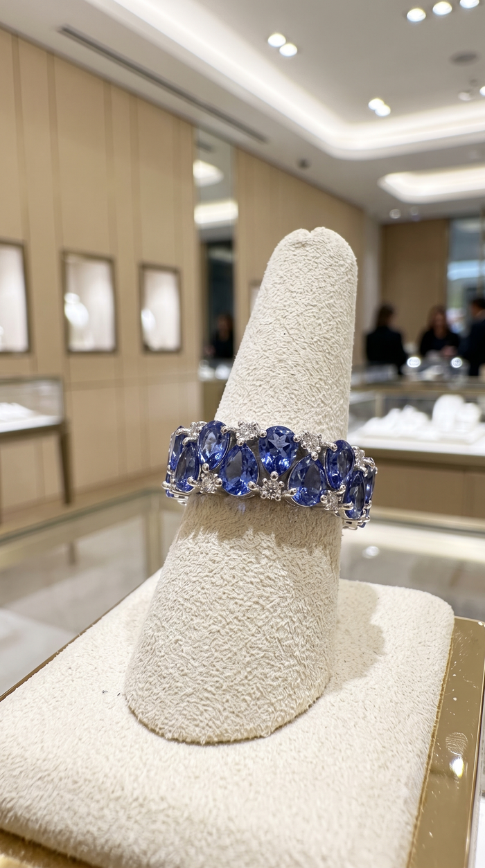 Luxurious Blue Sapphire 14K Diamond Eternity Ring