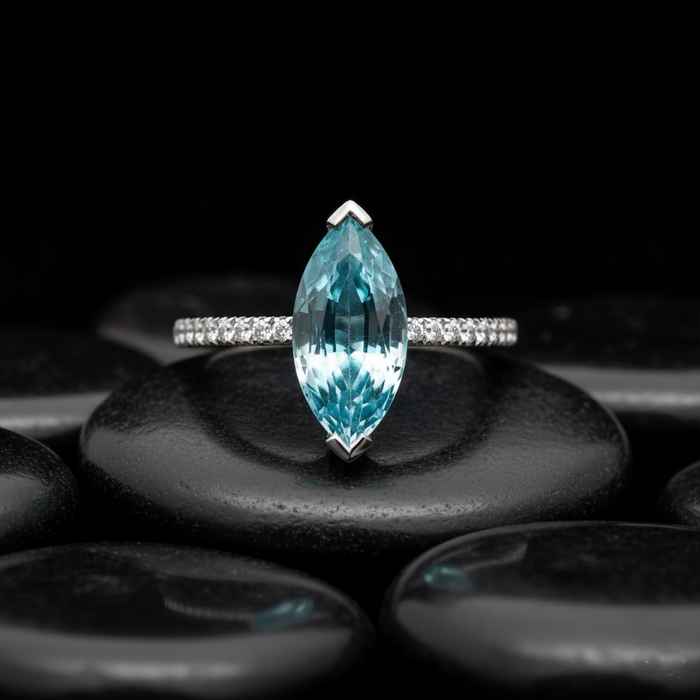 Marquise Aquamarine 14K (18K Custom) Diamond Accent Ring