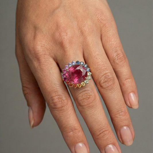 Multi-Color Pink Sapphire Halo 14K Gold Ring