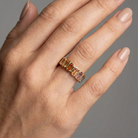 Multi-Color Emerald-Cut Gemstone 14K Gold Band Ring