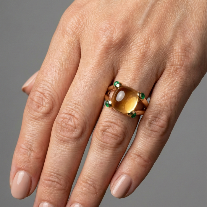 Shiny Citrine Emerald Cushion Ring in 14K Gold