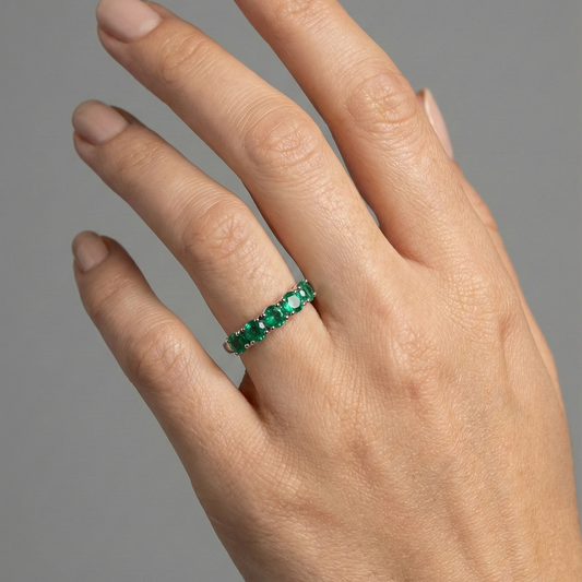 Round Emerald 14K Gold Half Eternity Band Ring