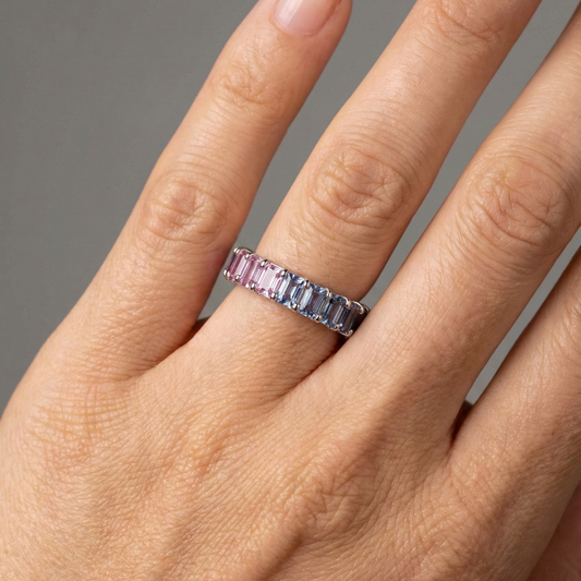 Pink & Blue Sapphire Emerald-Cut Eternity Ring in 14K White Gold