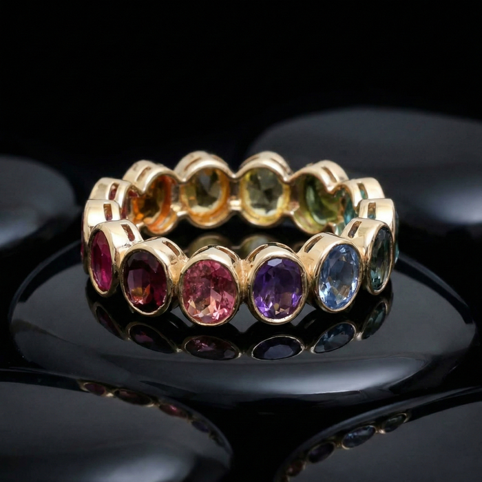 Multi-Color Oval Sapphire 14K Gold Eternity Ring