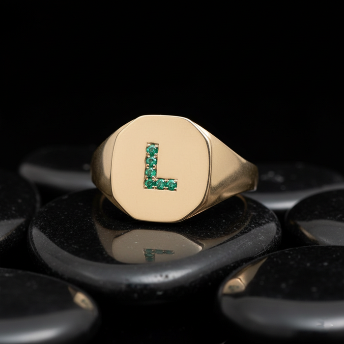 Personalized "l" Emerald 14K Gold Signet Ring
