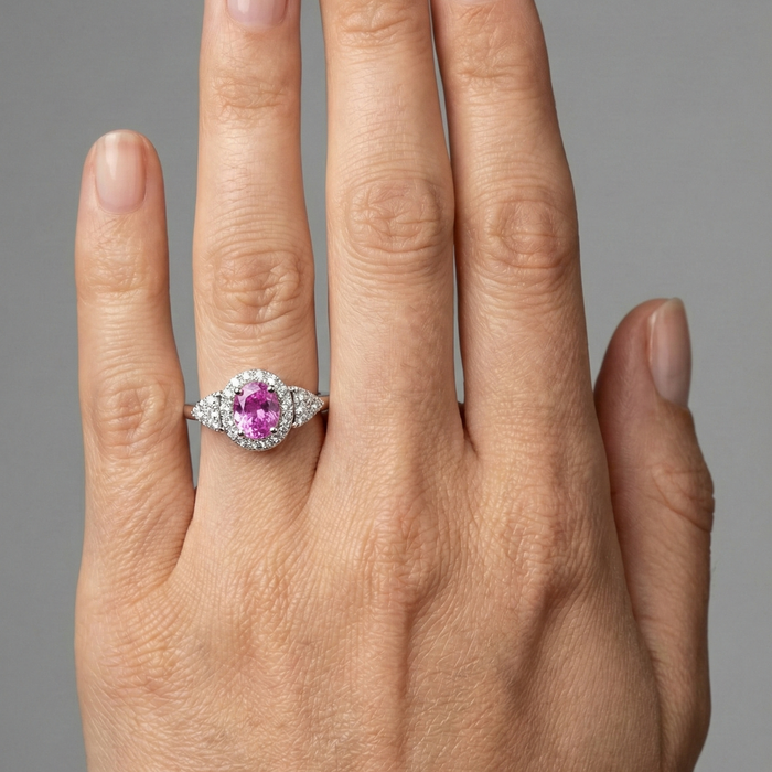 Elegant Oval Pink 14K Sapphire Diamond Halo Ring