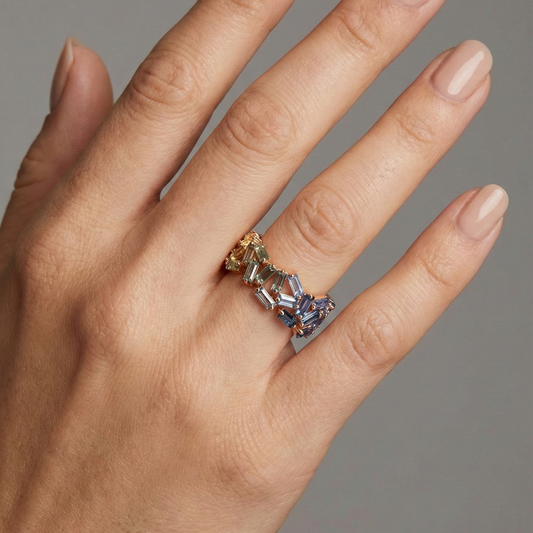 Multi-Color Baguette Gemstone 14K Gold Stacked Band Ring