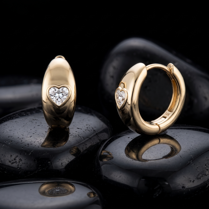 Heart Diamond Domed Huggie Earrings in 14K Yellow Gold