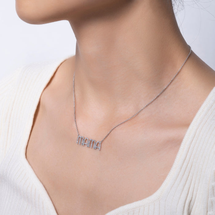 Stylish Round Diamond Mama Letter Necklace in 14K White Gold
