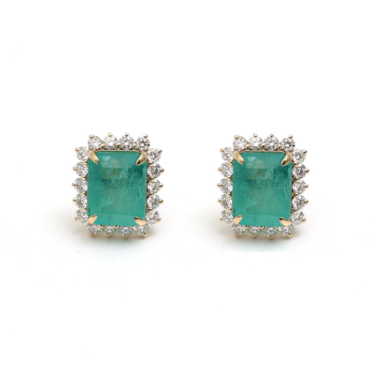Emerald Elegance Halo 18K Natural Diamond Yellow Gold Stud Earrings