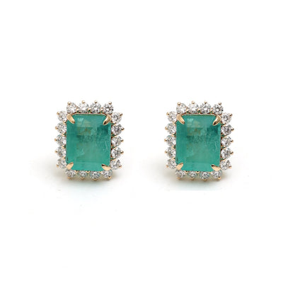 Emerald & Natural Diamond Halo Stud Earrings in 18K Yellow Gold