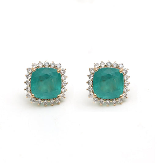 Cushion Emerald 14K(18K Custom) Natural Diamond White Gold Halo Stud Earrings