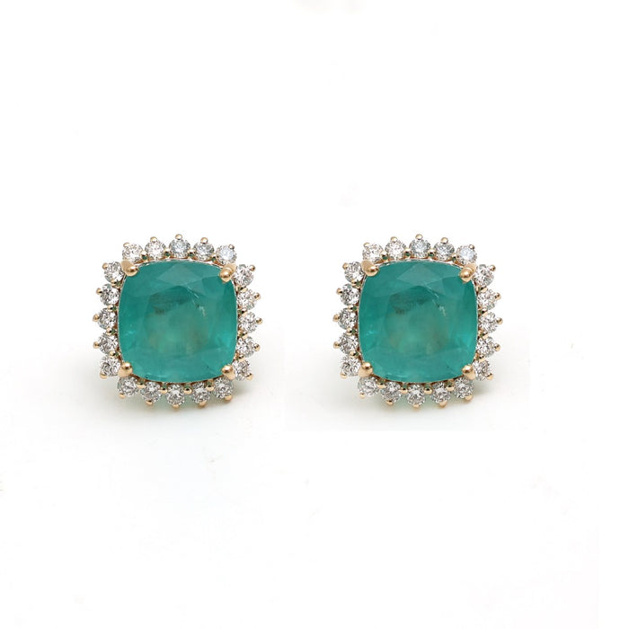 Cushion Emerald 14K(18K Custom) Natural Diamond White Gold Halo Stud Earrings