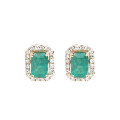 Emerald Brilliance Halo 14K (18K Custom) Natural Diamond Yellow Gold Stud Earrings