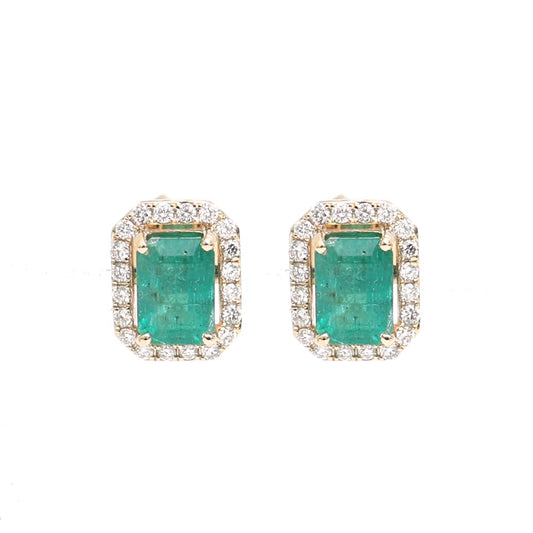 Emerald Brilliance Halo 14K (18K Custom) Natural Diamond Yellow Gold Stud Earrings