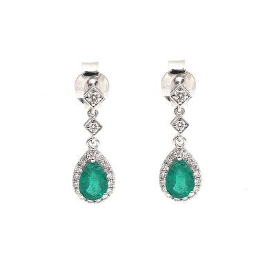 Emerald Aurora Halo 18K Natural Diamond White Gold Drop Earrings