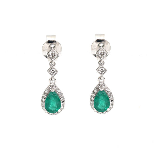 Emerald Aurora Halo 18K Natural Diamond White Gold Drop Earrings