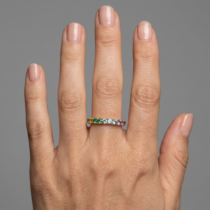 Rainbow Sapphire Eternity 14K Gold Band Ring