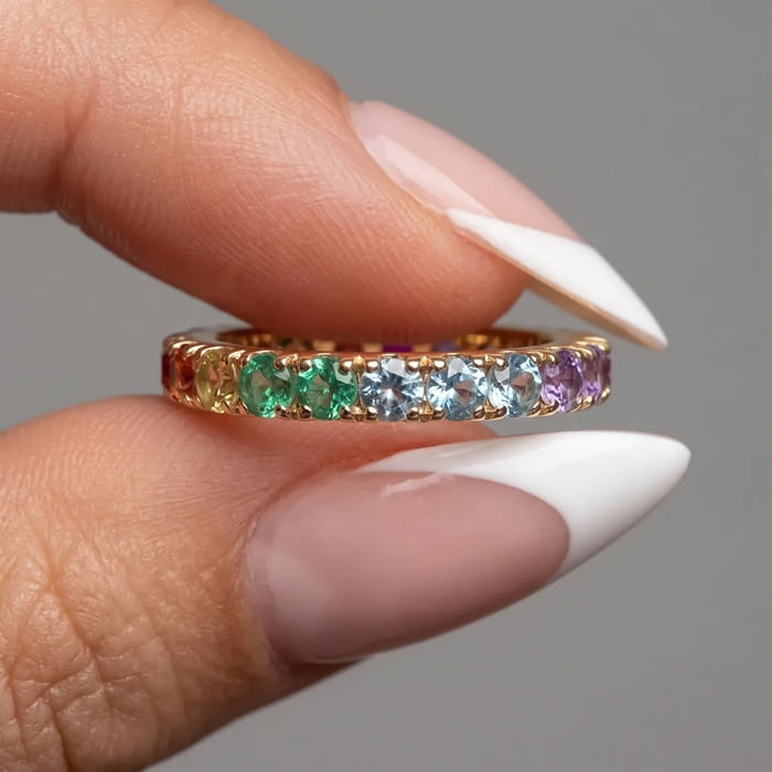 Rainbow Sapphire Eternity 14K Gold Band Ring