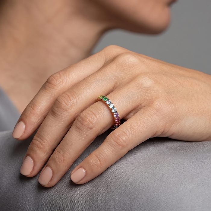 Rainbow Sapphire Eternity 14K Gold Band Ring