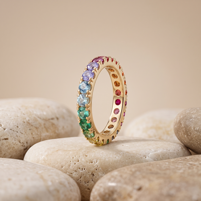 Rainbow Sapphire Eternity 14K Gold Band Ring